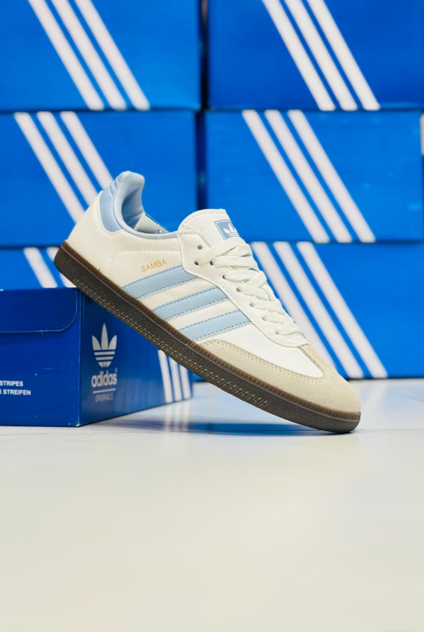 OG Samba Sneakers-White with Sky Blue Strips || Imported (Made in Vietnam)